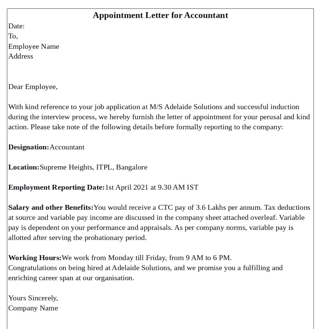 Job Appointment Letter for Accountant